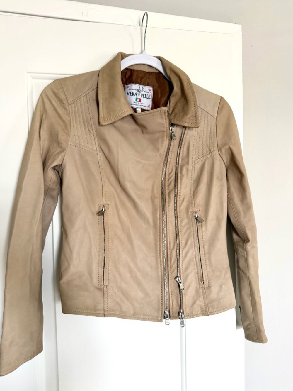 Italian Genuine Leather Jacket Women's Tan Beige Moto Zip (Made in Italy)